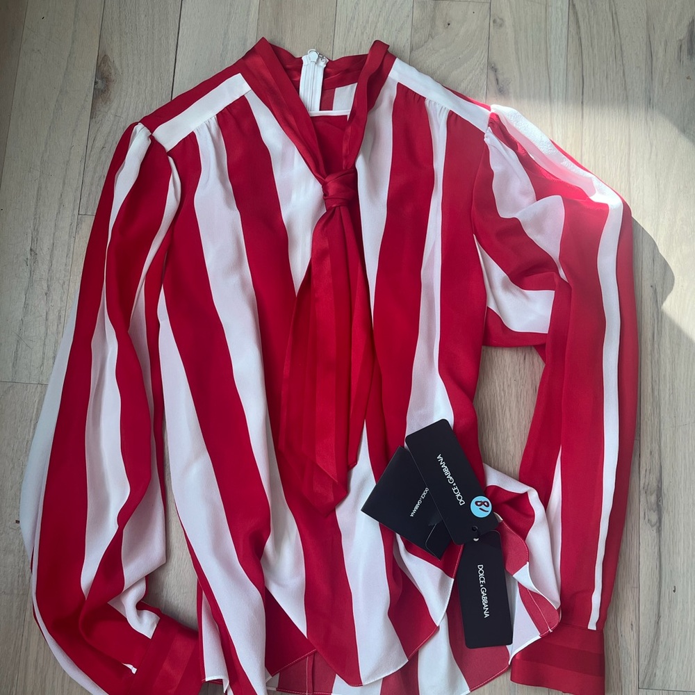 Dolce & Gabbana Striped Red and White Blouse with Bow - Picture 2 of 2